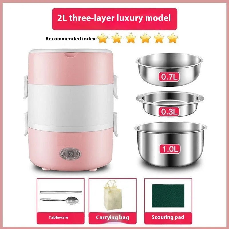 Portable plug-in insulated lunch box with stainless steel inner liner, coffee colour, double layer configuration, on a desk