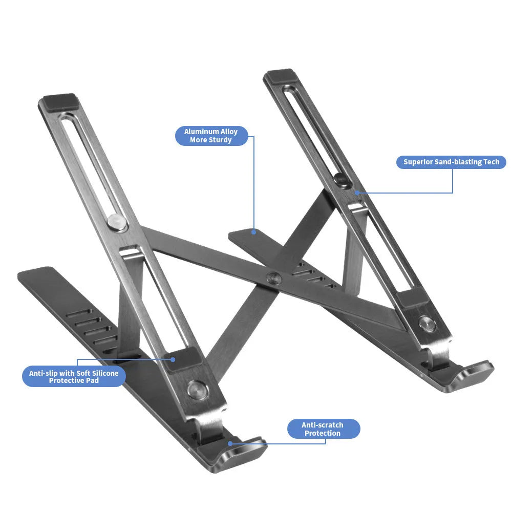 Silver aluminium laptop stand showing six height adjustment positions in folded configuration