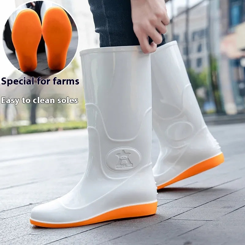Flat washable plastic rain boots in white or yellow colours with high tube design