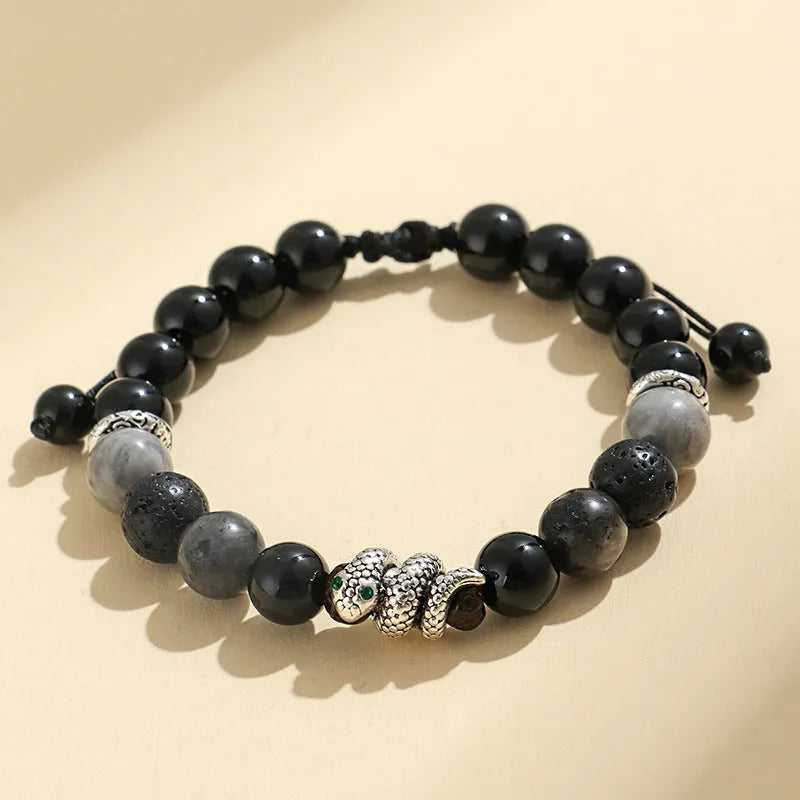 Black and white agate couple bracelets with blessing snake design and glitter accents