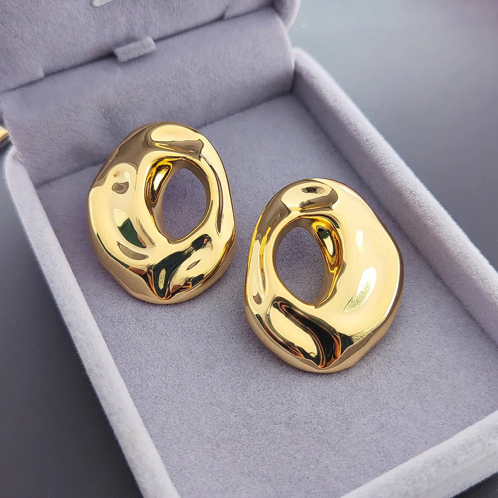 Retro metal geometric irregular ring ear studs in gold and silver for women