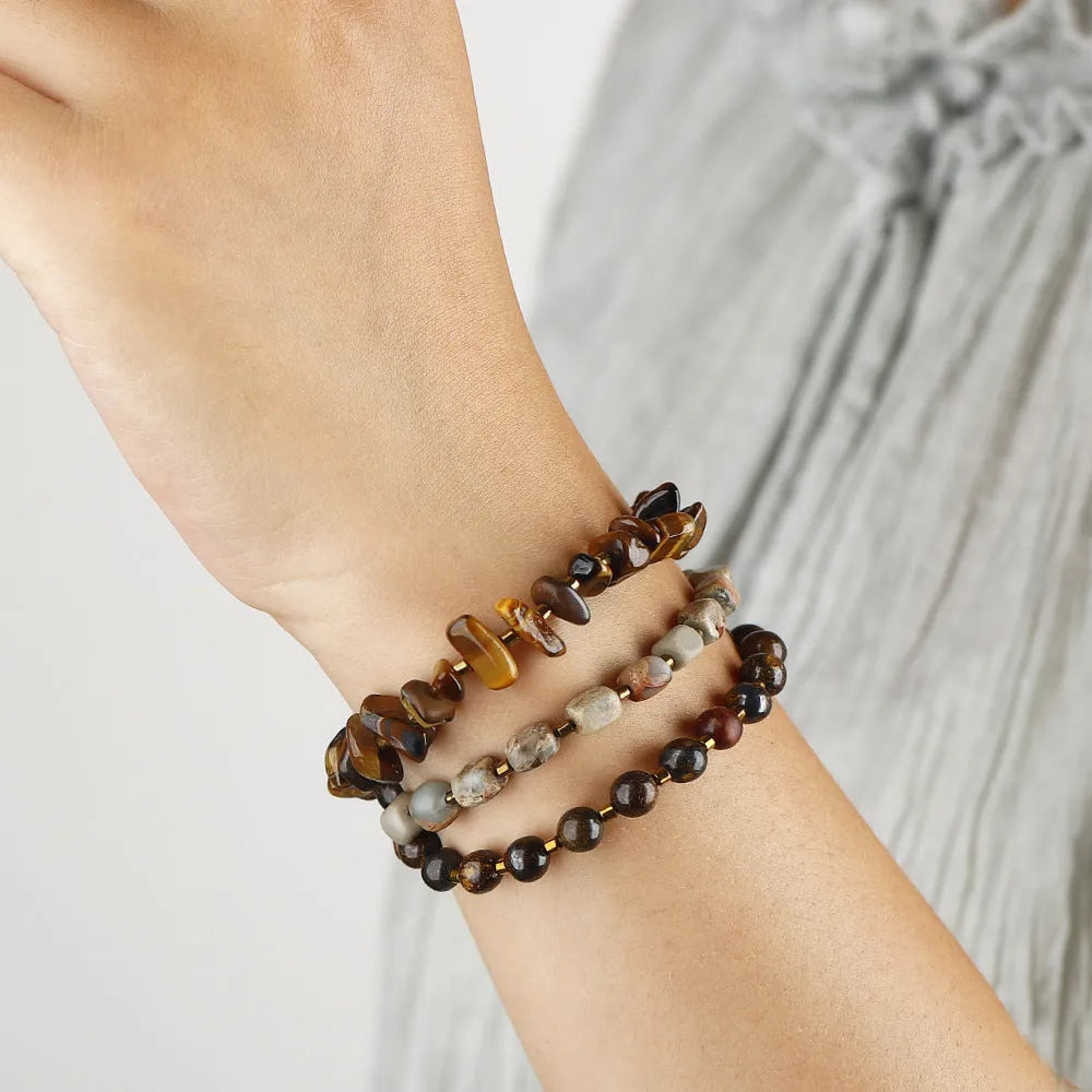 Handmade tigereye and bronze geometric bracelet with texture and hitch elements