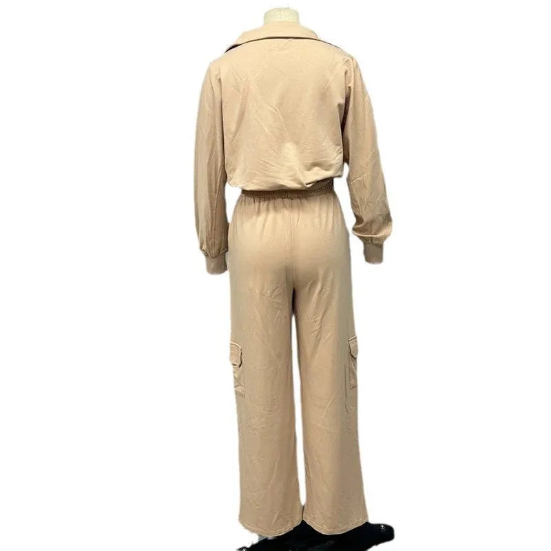 Light camel women's lapel top and high-waisted wide leg trousers two-piece workwear set