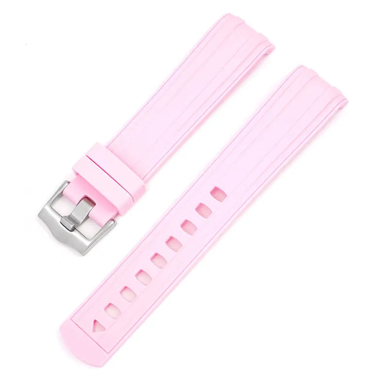 20mm Apple Watch replacement strap in multiple colours with silver buckle, shown fitting a watch.