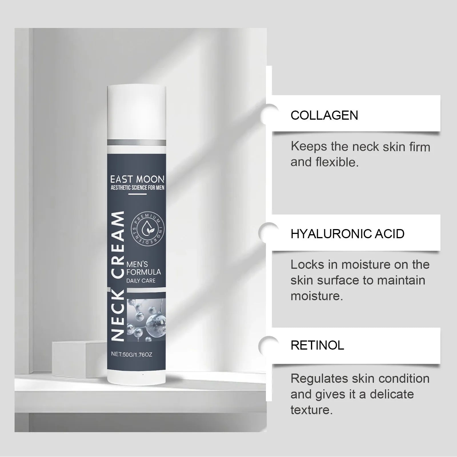 Men's neck cream 50g tube with collagen hyaluronic acid retinol vitamin E ingredients