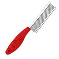 Red handled pet grooming comb with long and short stainless steel pin teeth for dematting.