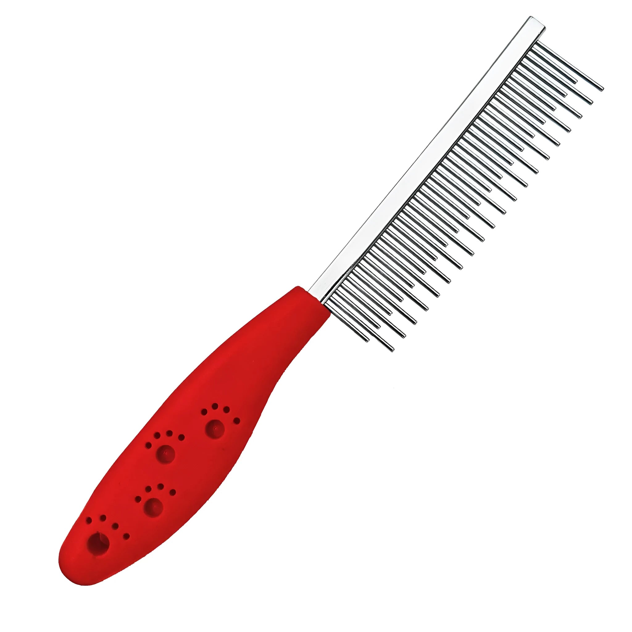 Red handled pet grooming comb with long and short stainless steel pin teeth for dematting.