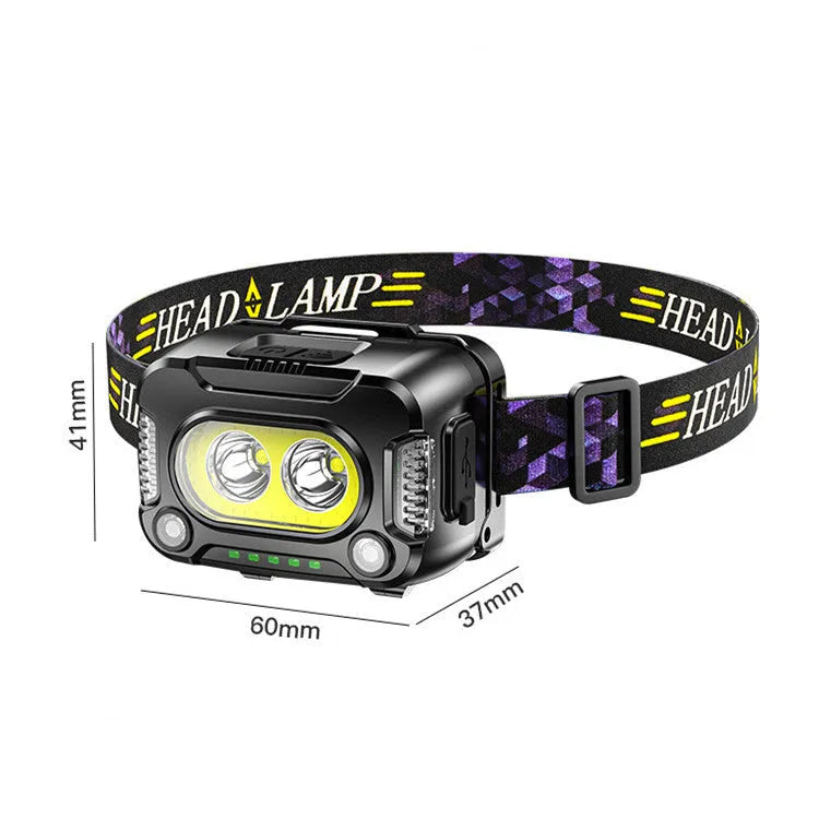 Black COB LED rechargeable headlamp with touch switch, 200m beam, Type-C charging, for fishing and running