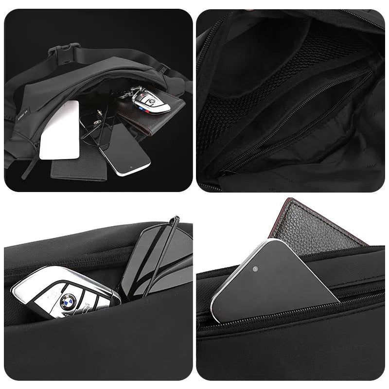 Men's outdoor casual sports crossbody shoulder bag in black nylon, waterproof, with sewing line detail