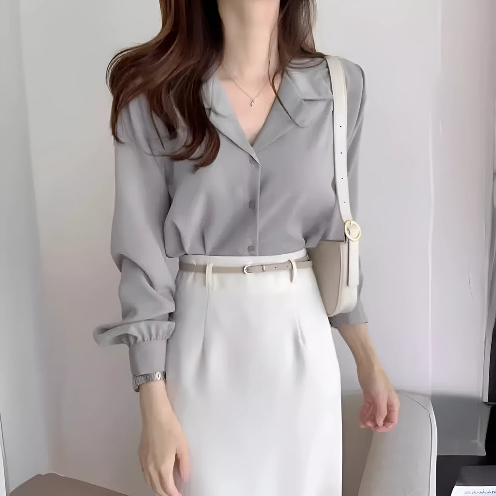 Simple suit collar chiffon shirt women's long sleeve loose cardigan style in white