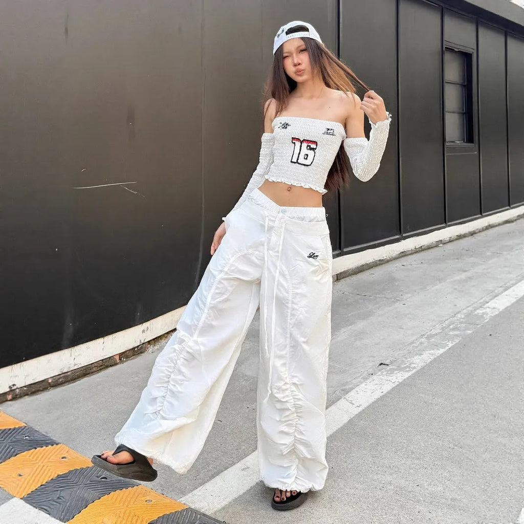 White high waist multi-pocket trousers with ruffle drawstring and lace letter embroidery for women