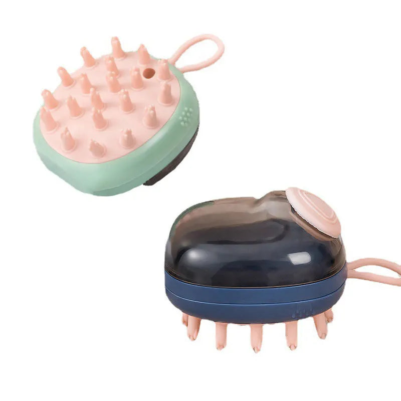 Blue pet grooming brush with integrated shampoo dispenser and silicone bristles for dogs and cats