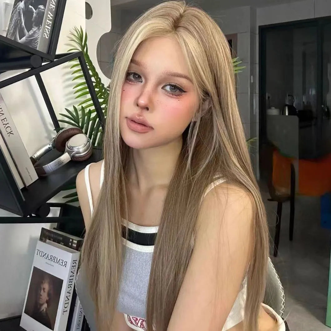 Golden brown gradient forehead lace wig with centre-parted style on display