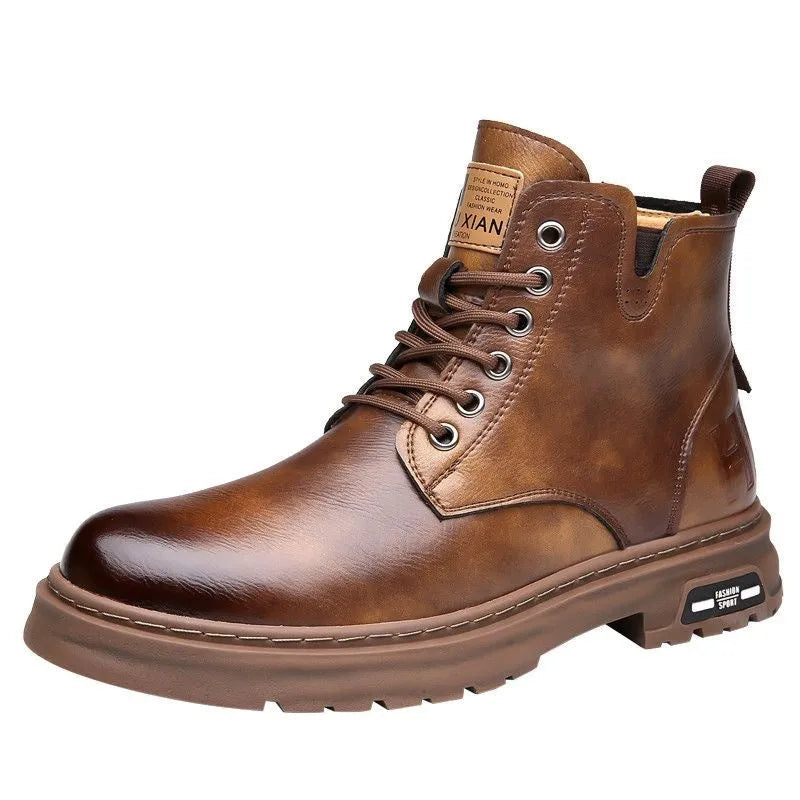 Men's black Martin boots with thick flat rubber sole and front lace-up closure
