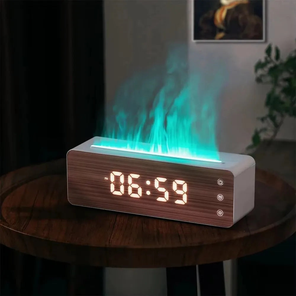 White flame humidifier with wood grain panel, clock and humidity display, UVC sterilisation, 280x85x95mm