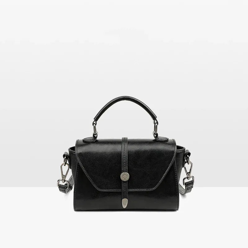 Dark brown women's genuine leather messenger bag with stitching, horizontal square shape 20x9x12 cm, front view