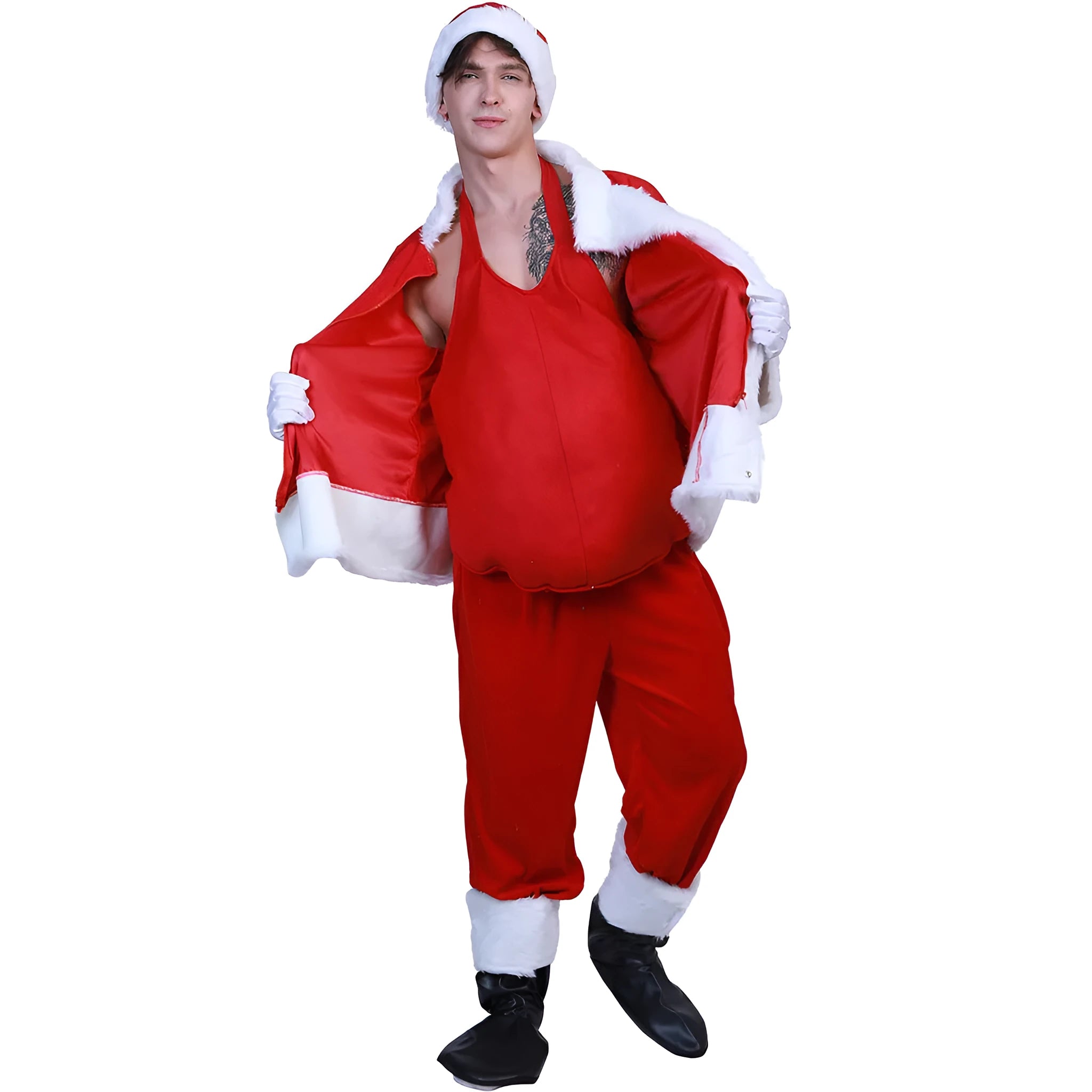 Christmas stage costume set with white top and Santa Claus belly piece for men and women