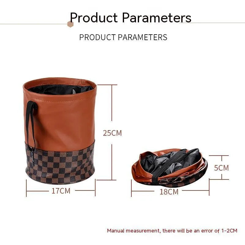 Leather retractable folding car trash can with handle, shown in vehicle interior