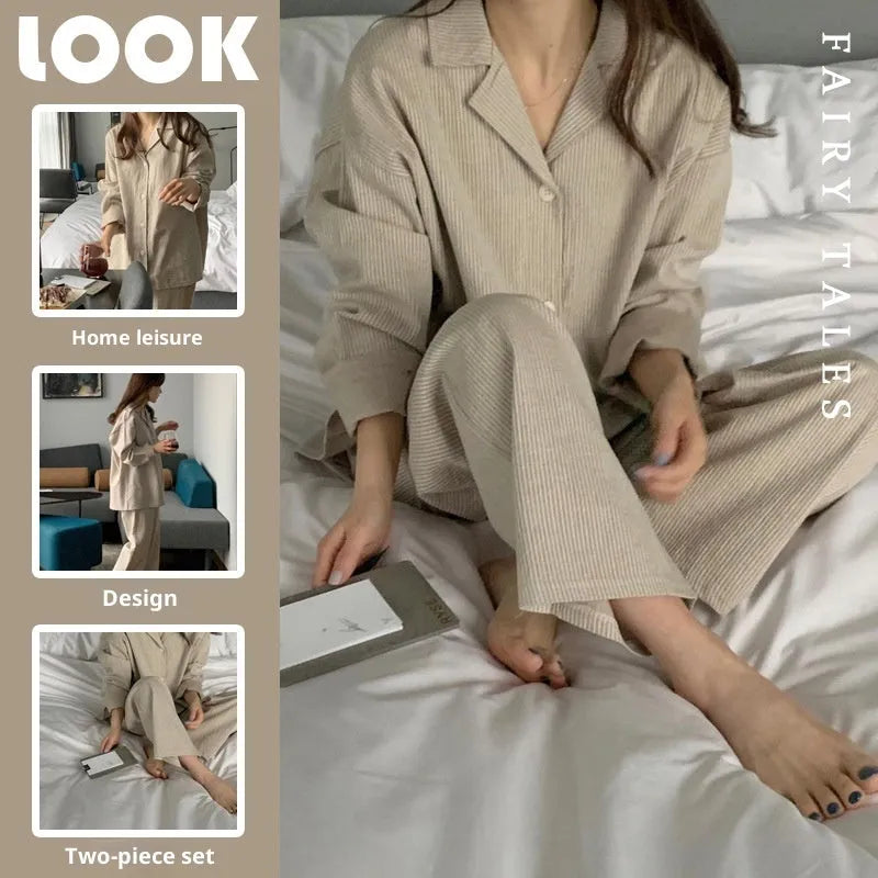 Women's simple stripe long sleeve casual loose home suit set with pants in striped pattern
