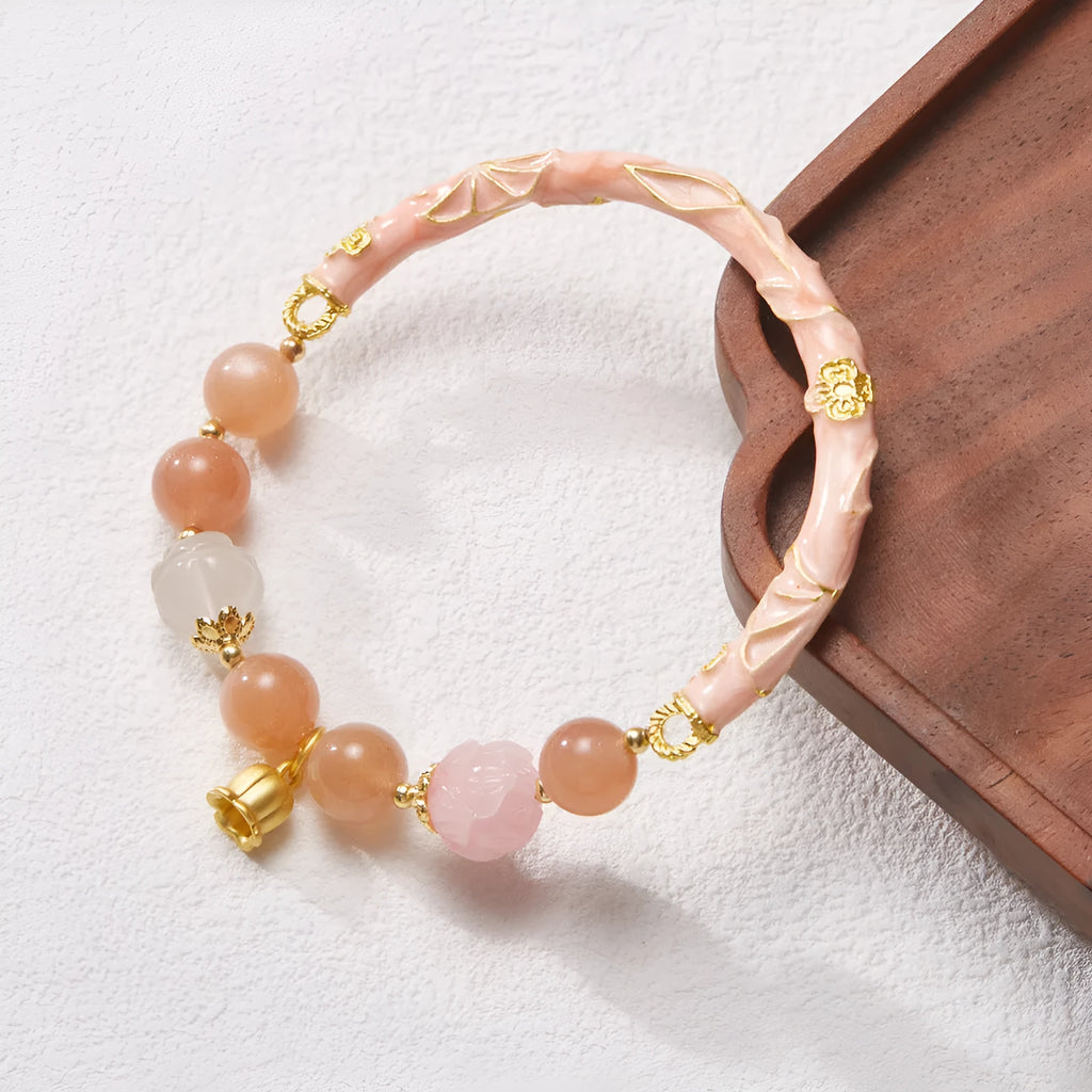 Chinese style handmade jade bracelet with sunstone Lily design in half-life liangyuan colour
