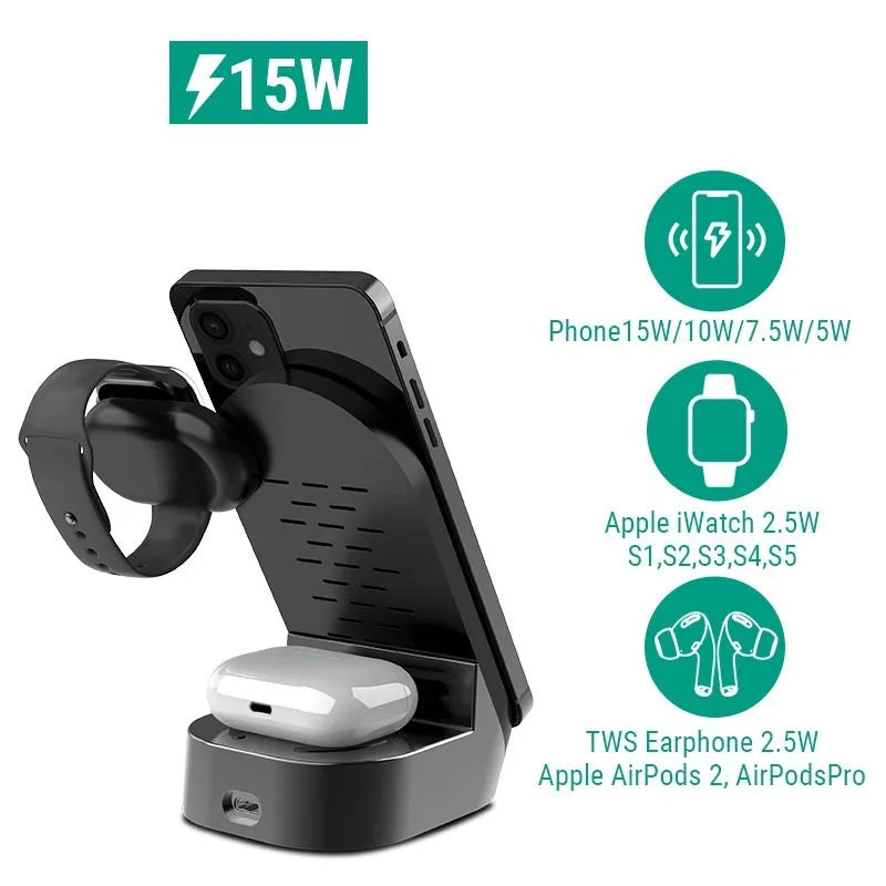 Black-grey foldable 3-in-1 wireless charger stand holding a phone vertically with a watch and earbuds charging on base.
