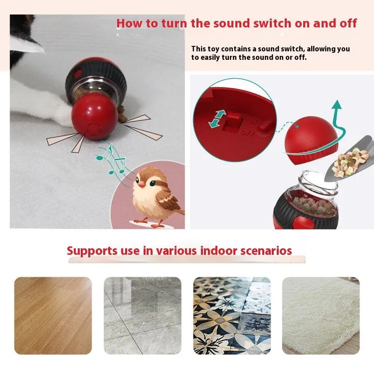 Super ball coloured plastic rotating cat toy with sound feature for food dispensing.