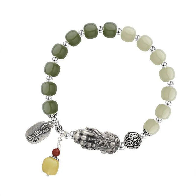 Pure silver retro coin bracelet with genuine 8x7mm Hetian jade stones in natural colour