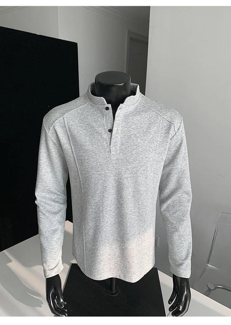Men's loose-fitting patchwork stand-up collar long sleeve polo shirt in heather gray.