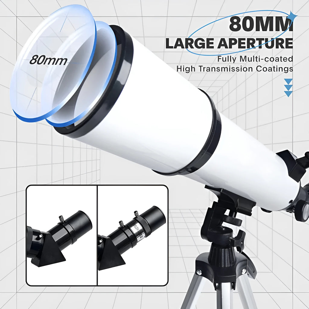 Metal astronomical telescope 80600 with telephone adapter and nylon bag on a table