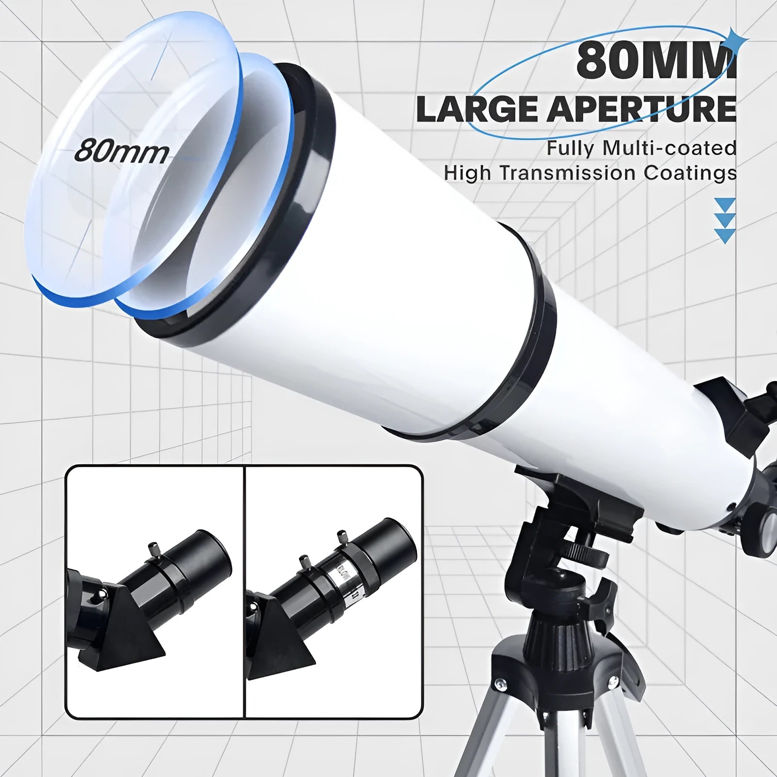 Metal astronomical telescope 80600 with telephone adapter and nylon bag on a table