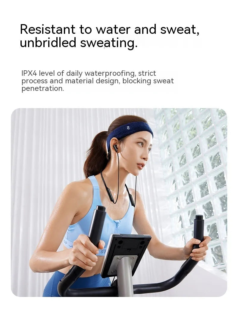 Wireless halter Bluetooth sport headset in black with binaural earbuds and neck-hanging design