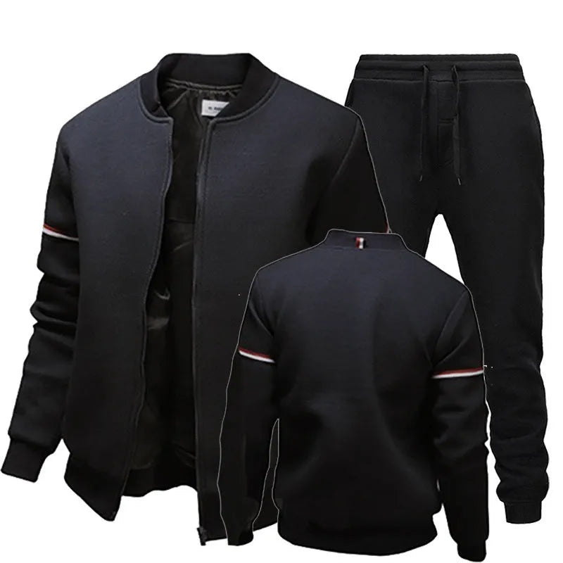 Two-piece polyester baseball uniform set in black includes a jersey top and matching pants on a plain background