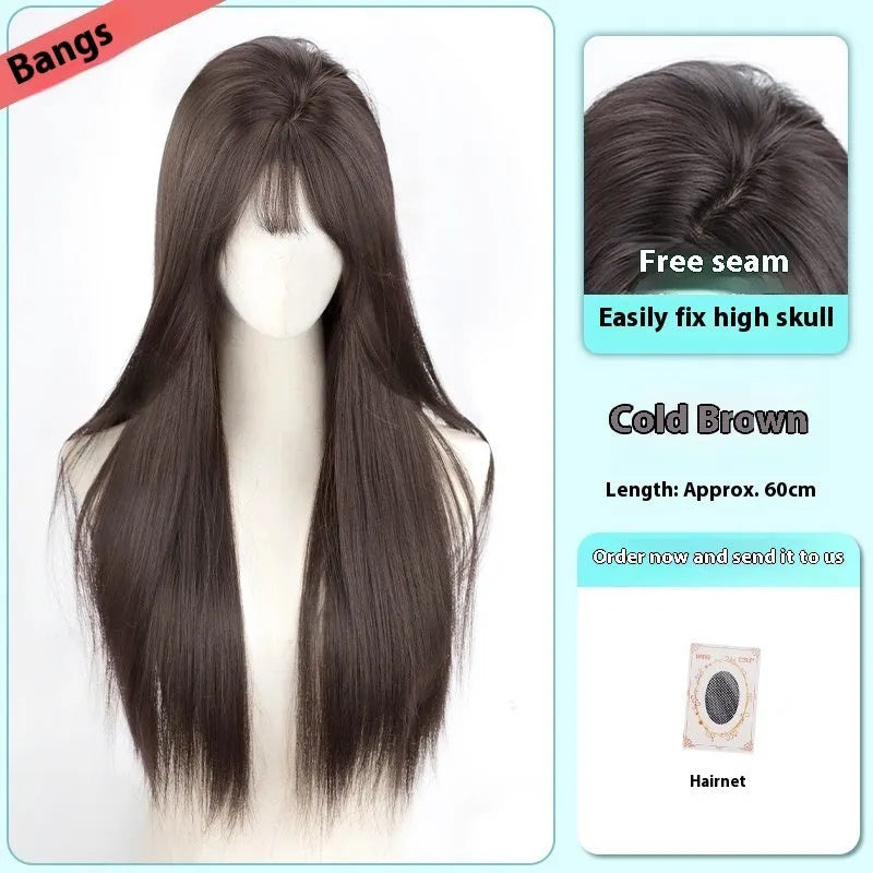 Female full-head wig with forehead lace construction in brown black colour with long straight styling
