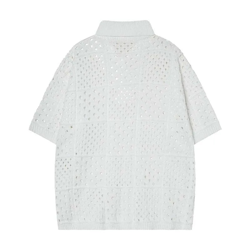 Black and white short-sleeved hollow knit polo shirt with a loose fit for teenagers