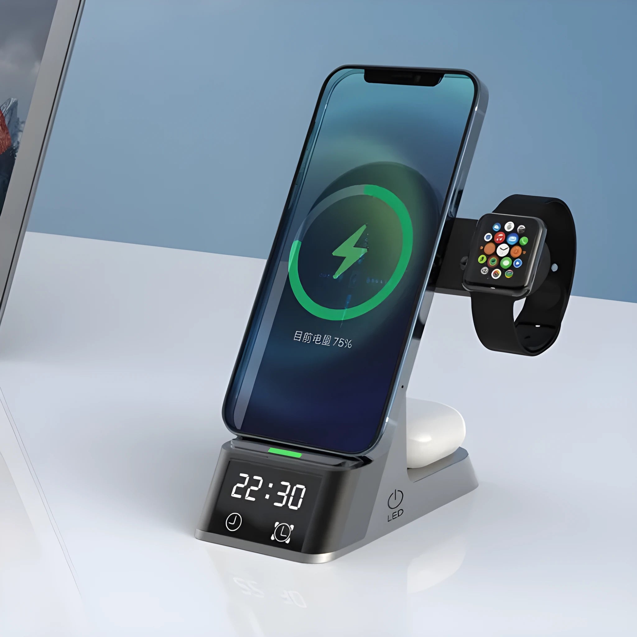 Black six-in-one multifunctional alarm clock with wireless phone charging pad and digital display.