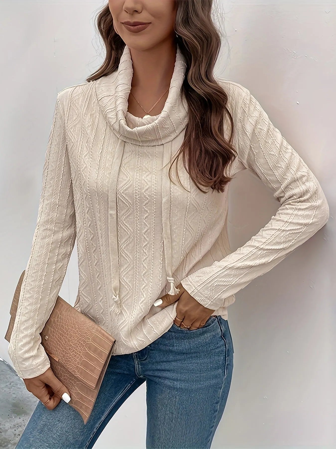 Apricot hooded pullover sweater with drawstring and long sleeves