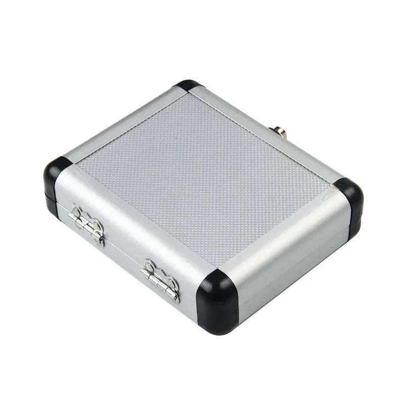 Gold coloured aluminium box with a visible steel opening plate, shown with a ruler indicating its 58-80mm length.