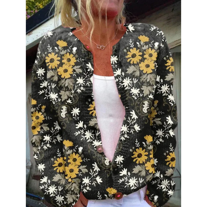 Yellow digital print cardigan coat with 3D pattern effect, regular sleeves, fresh sweet style