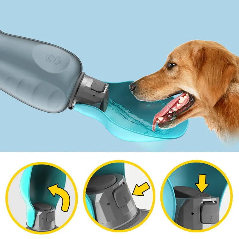Blue grey foldable dog water bottle with drinking trough extended, showing 800ml capacity markings