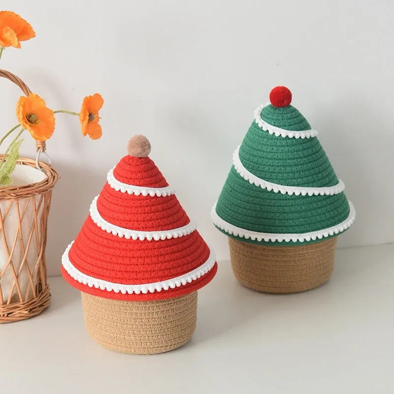 Cotton thread Christmas storage basket for small items, available in green and red colour options