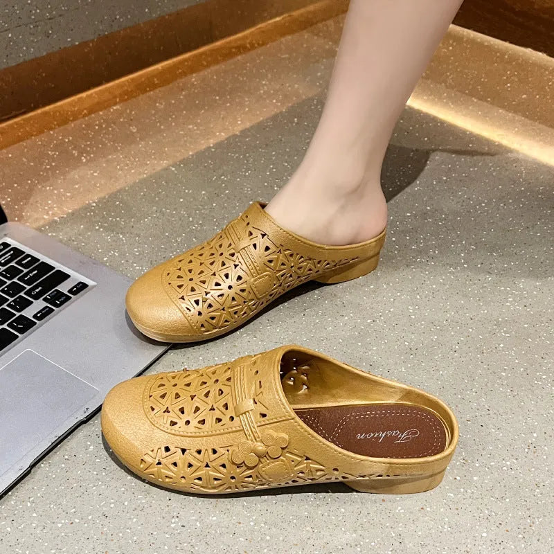 PVC fairy style half slippers with hollow-out design in apricot colour