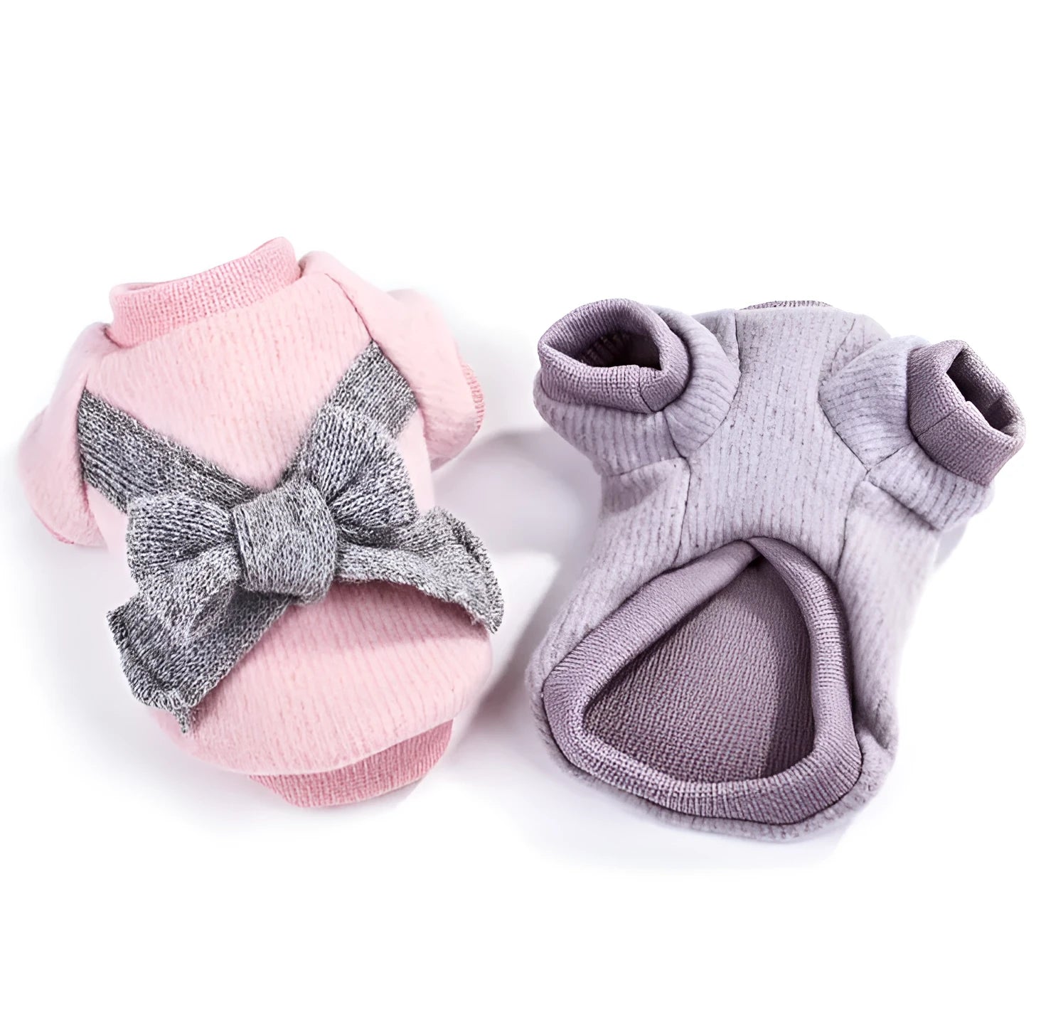 Brushed cloth bow pet clothes in grey and pink for dogs and cats with five adjustable sizes XS to XL