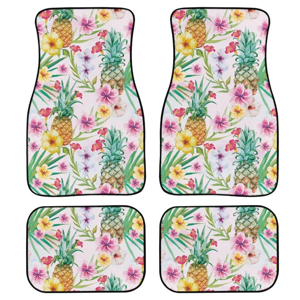 Set of four black printed rubber car floor mats with textured surface, shown on a car's footwell.