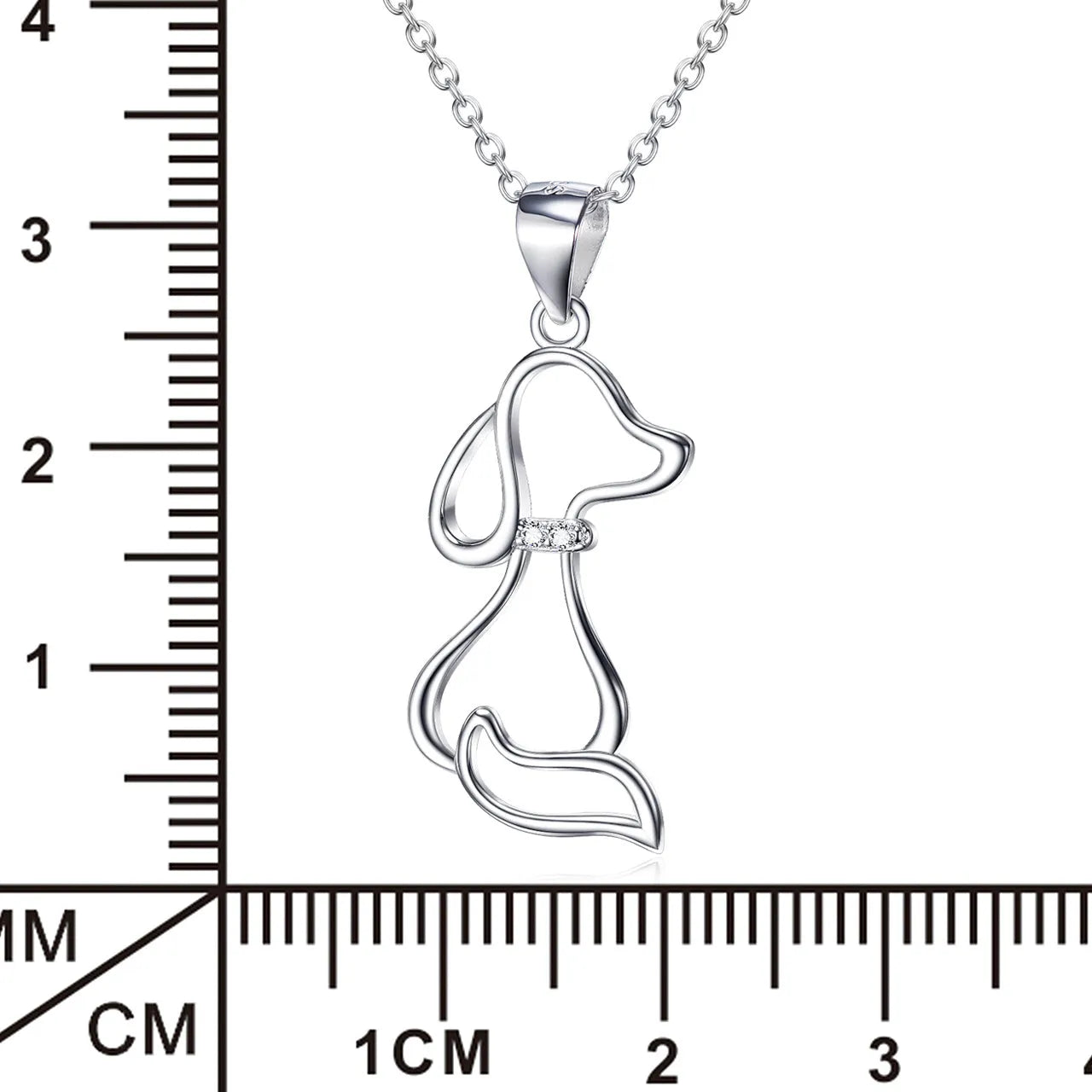 Ladies 925 sterling silver dog pendant necklace with adjustable round bead chain on neutral background