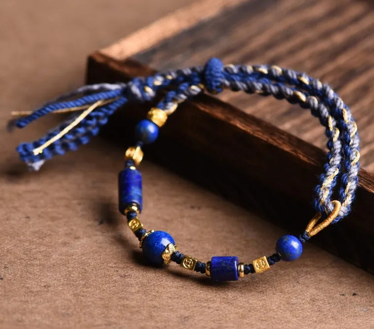 Hand-woven flexible wire watch band in ethnic style, showing Lapis Lazuli and Hongfei Ebony colour options.