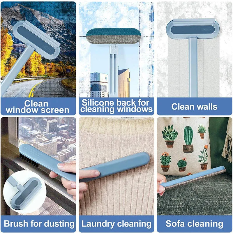 Multifunctional 4-in-1 screen cleaner and pet hair remover brush with flannel head and extension handle.
