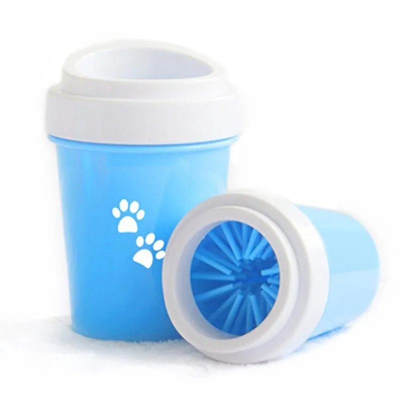 Dog foot washing cup in green, pink, and blue with silicone insert for paw cleaning
