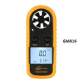 Orange digital handheld anemometer for measuring wind speed with digital display.