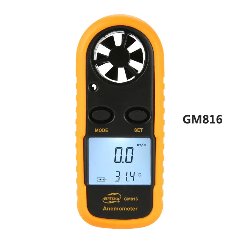 Orange digital handheld anemometer for measuring wind speed with digital display.