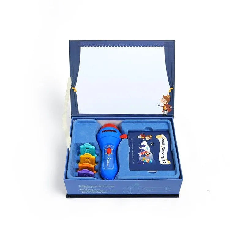SmartKids handheld story projector torch with four colourful illustrated discs for wall projection.